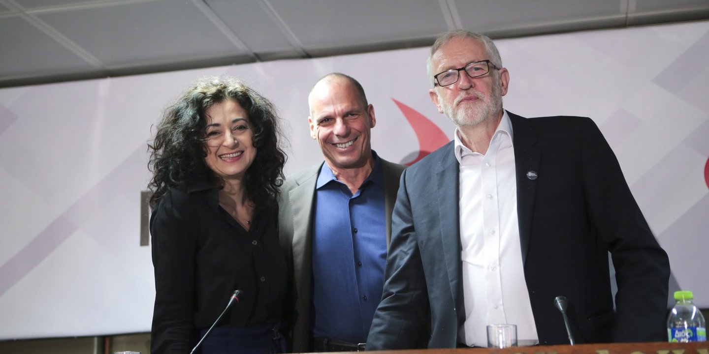 Jeremy Corbyn, Ece Temelkuran and Yanis Varoufakis standing together